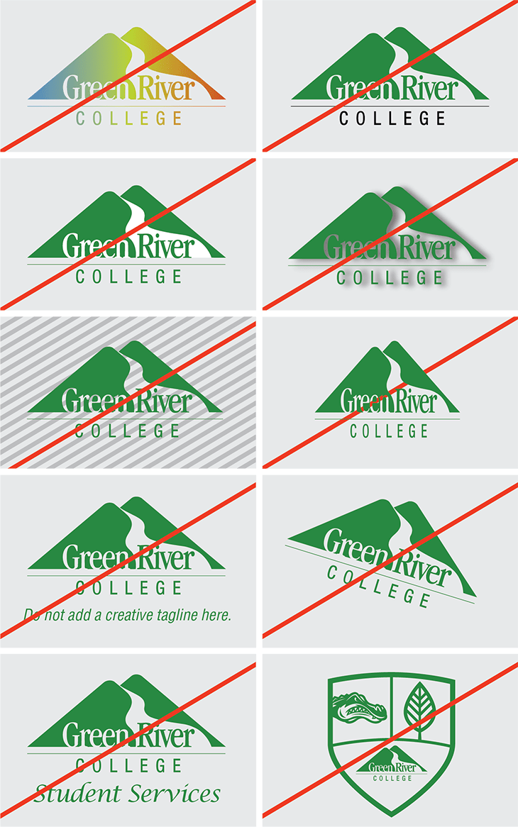 image providing ten examples of the Green River College logo being used incorrectly.