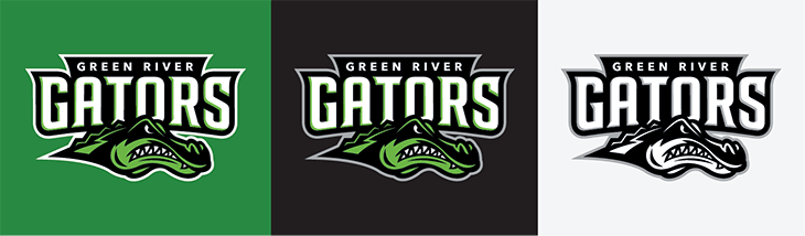 image showing three variants of the Green River Gators spirit logo.