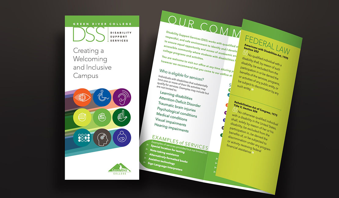 Rack brochure designed to provide information about the Disability Support Services available at Green River College.