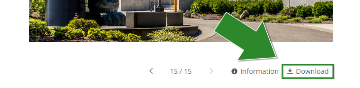 Cropped screenshot of the Green River College photo library photo page, with a large green arrow pointing to the 