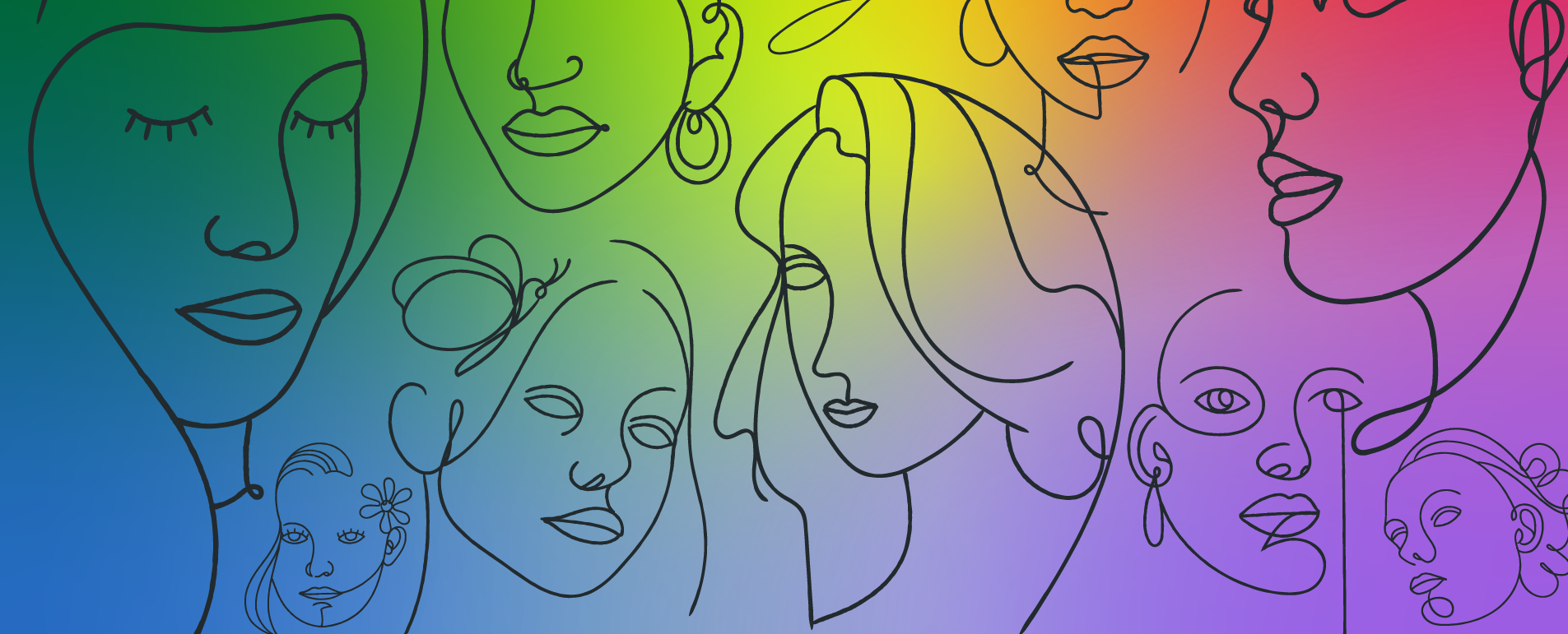 Stencil style illustration showing the outline of multiple women on a rainbow background