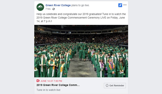 Screenshot of FB post advertising Commencement livestream at 7 p.m.