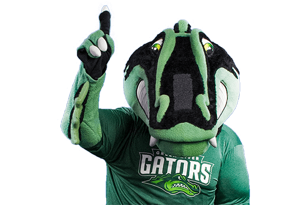 photo of Green River College mascot Slater the Gator holding 1 finger up in a 