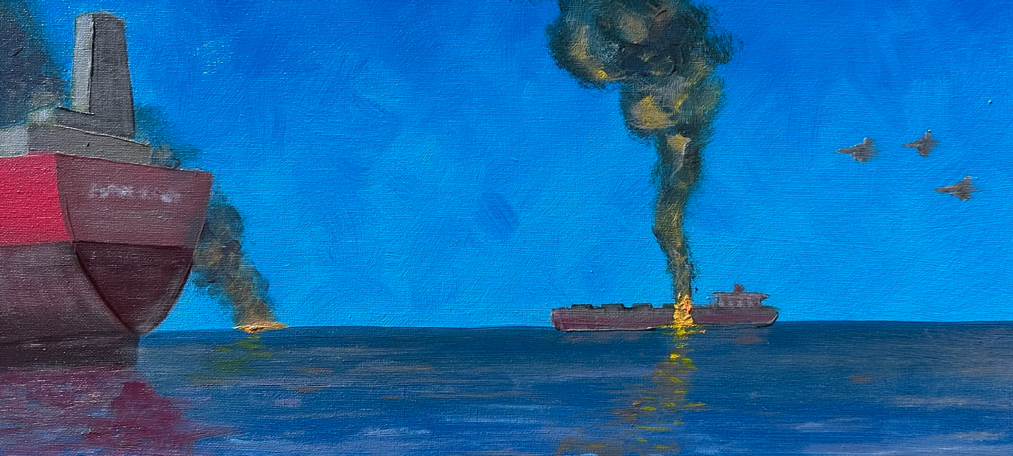 Matt Johnson, Strait of Hormuz, 2026, oil on canvas, 16 inches by 20 inches