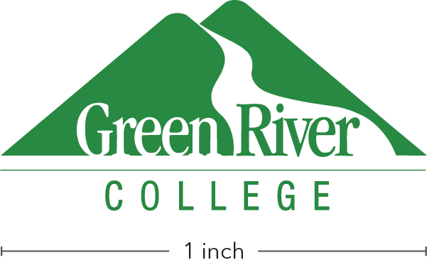Image showing the minimum size required for the Green River College logo when printed having a total width of at least one inch.