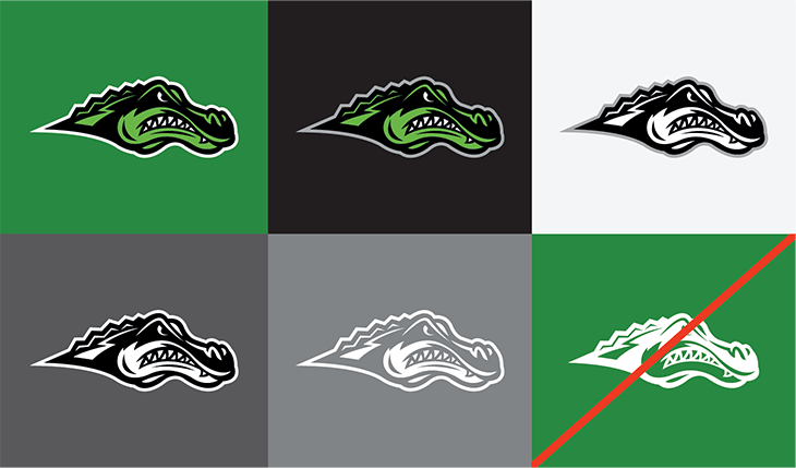 image showing six variants of the Green River College Gator logo. Five show color comibinations that are acceptable, the final shows a color combination that is not acceptable.