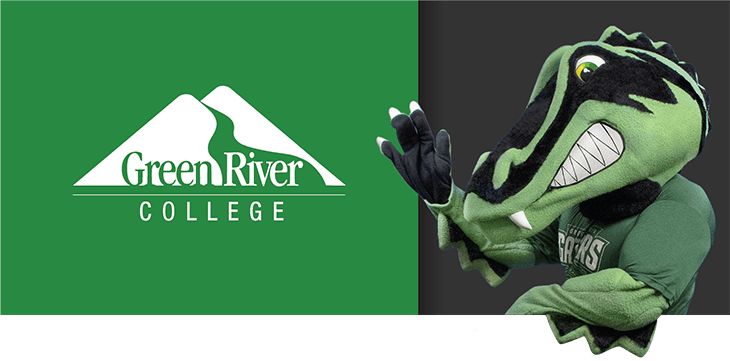 image of Green River College mascot Slater the Gator waving next to the Green River College logo