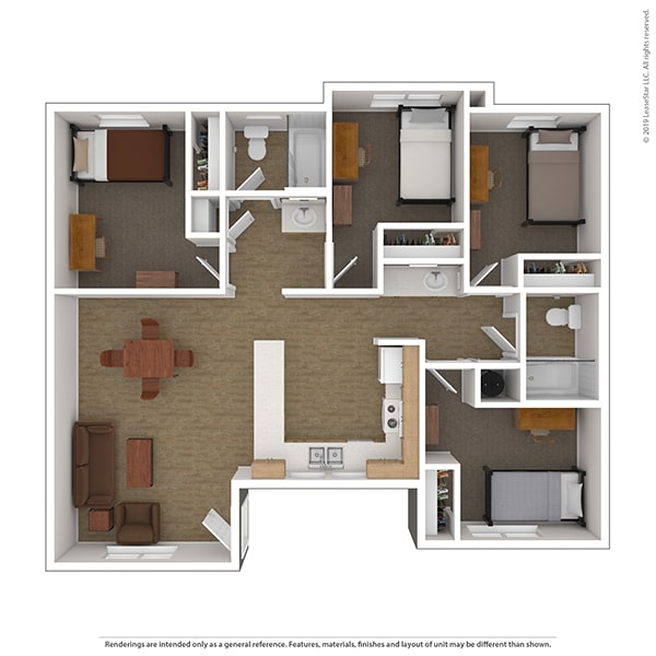 3D graphic of the Flat housing option at Campus Corner Apartments
