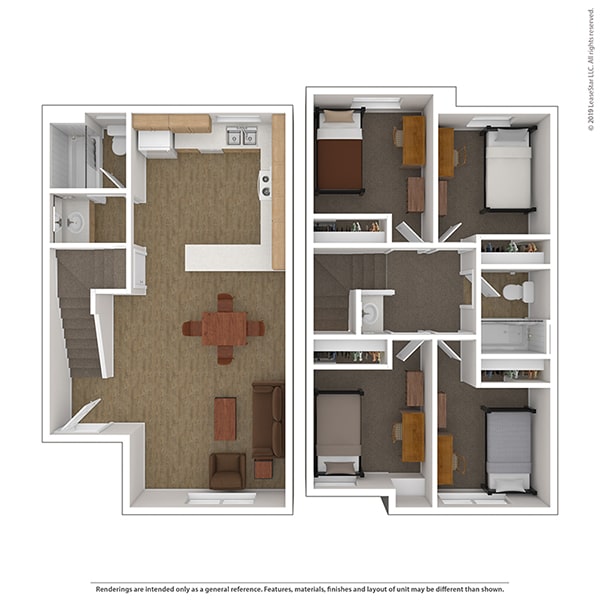 3D graphic of the Townhouse housing option at Campus Corner Apartments
