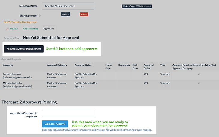 Approval process for business cards within Design Conductor.