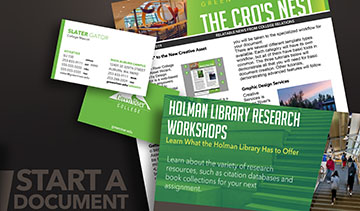 Collage of different Green River College design templates available in the Creative Asset Wizard.