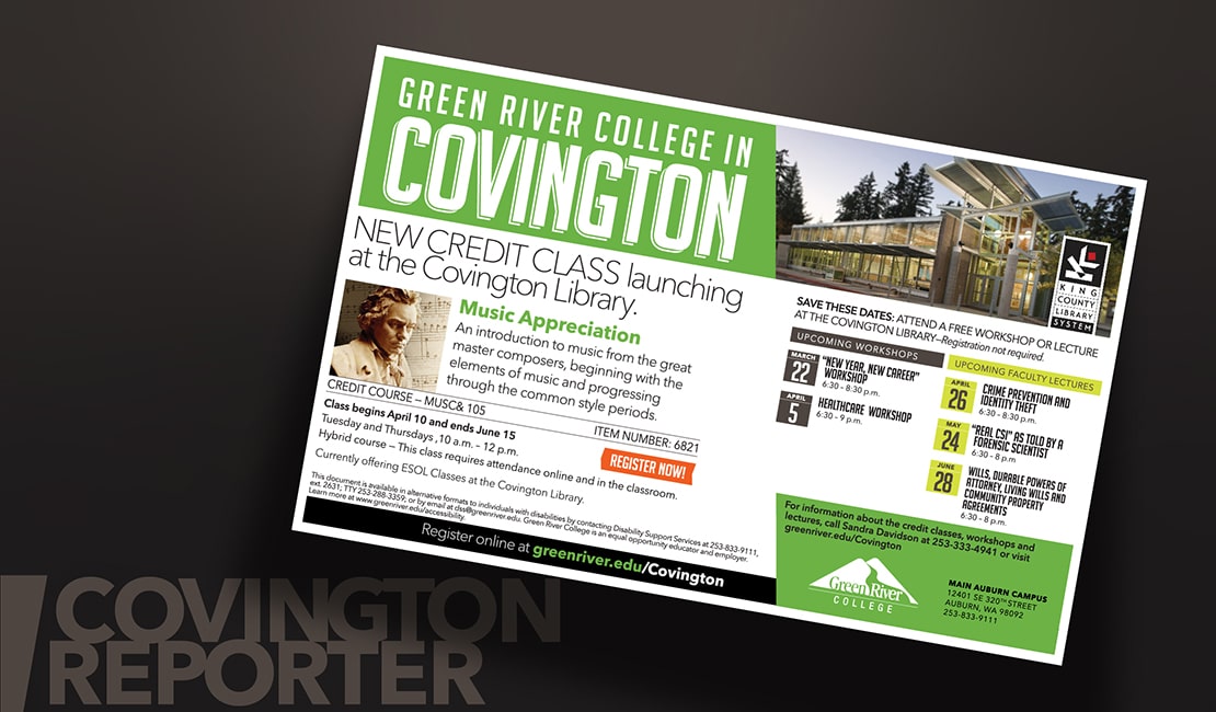 Ad designed to promote Green River College programs offered in Covington.