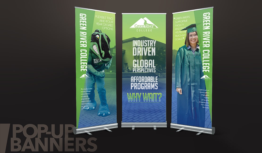 Specialty design of pop-up banner products.