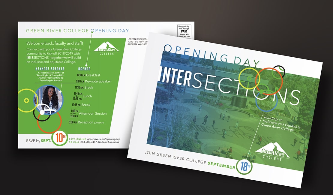 Postcard designed to promote Green River College's opening day event titled Intersections.