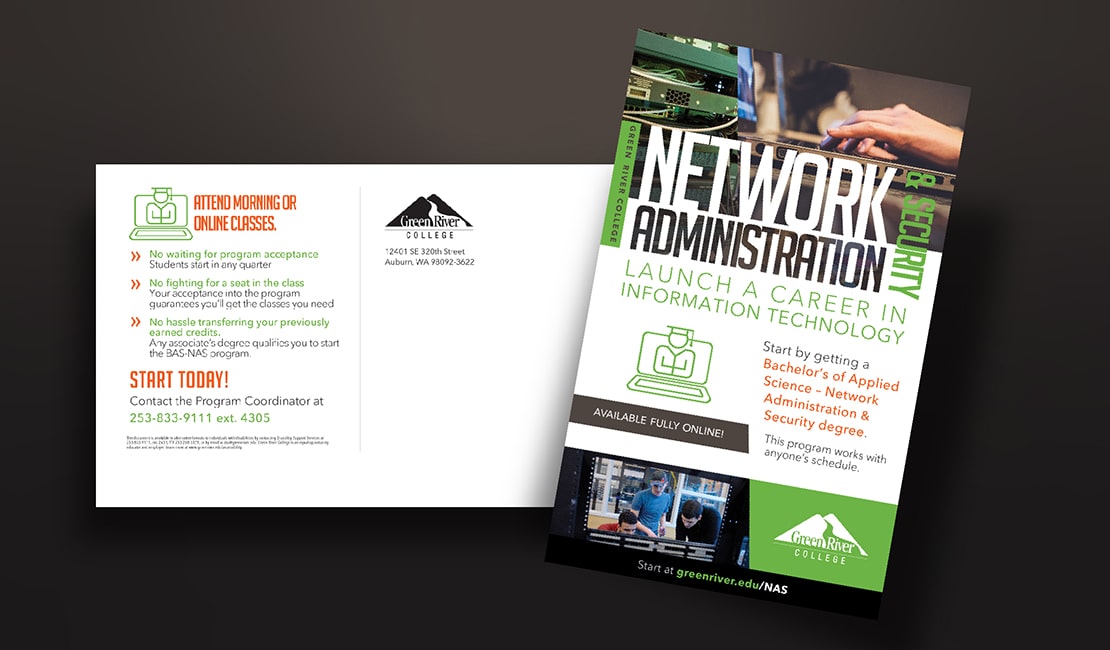 Postcard designed to promote Green River College's Network Administration and Security program.