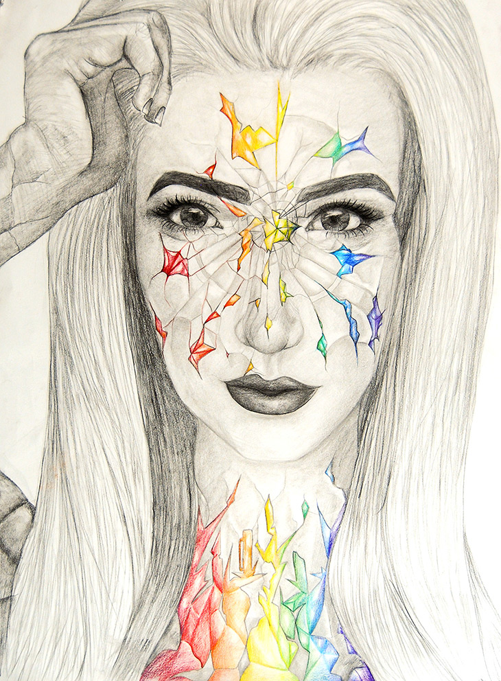 Megan Burns, Self Portrait, graphite and colored pencil on paper
