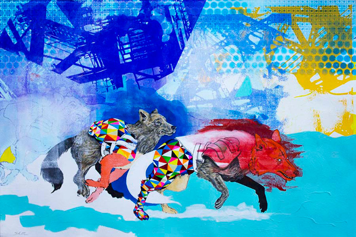 Kevlar Wolves 2.0, Acrylic and screen print on Rives BFK, 13 x 20" by Jason Sobottka