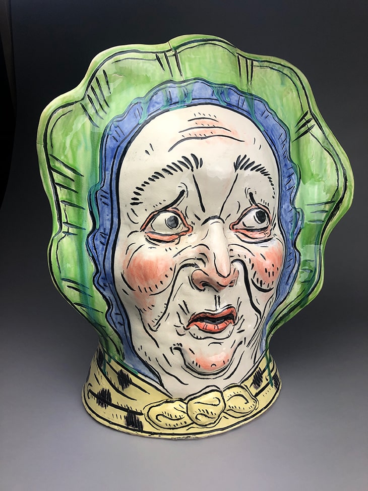 Concerned Lady Toby glazed earthenware sculpture by Ryan Kelly