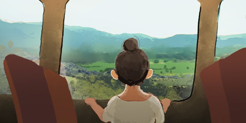 Still from an animated short, a girl looking out a train window at passing scenery.