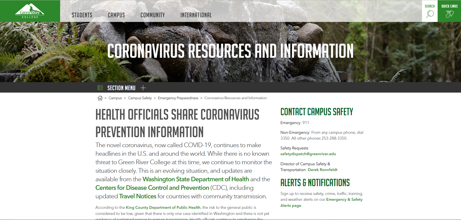 Screenshot of www.greenriver.edu/coronavirus