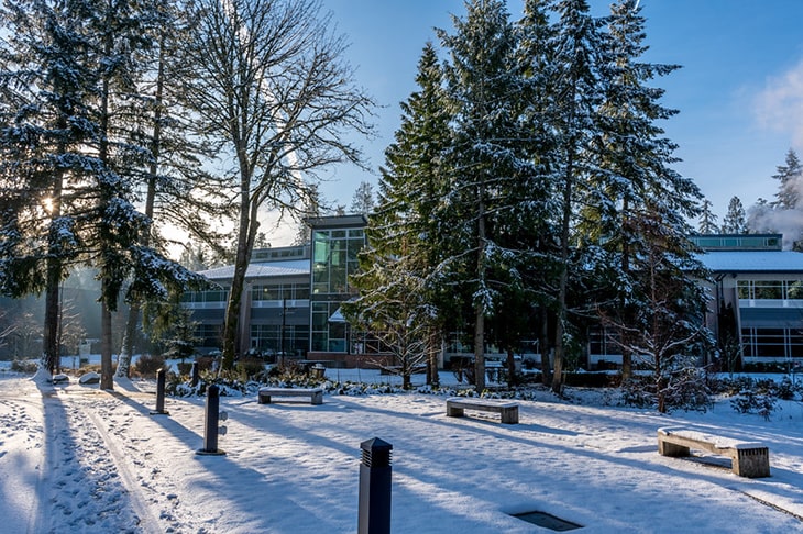 Exterior of Green River College's Technology Center building during the morning after a snowfall in 2017.