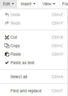 image showing the copy and paste menu within the CMS editor