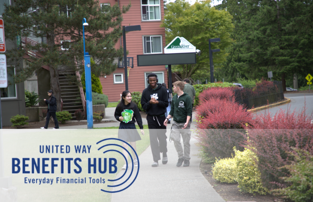 benefits hub logo over picture of students walking on paved path