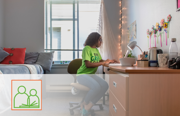 tutoring logo over an image of a student studying in their dorm